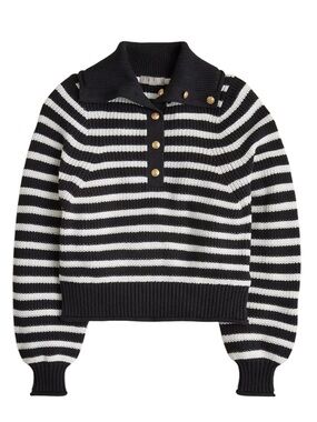 J. Crew Ribbed Cotton Button Collar Sweater Black White Stripe M Gold Buttons
